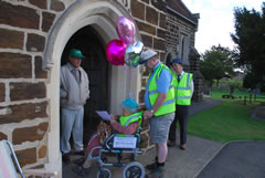 Click to see larger image: Betty signing in at Upper Stondon Church