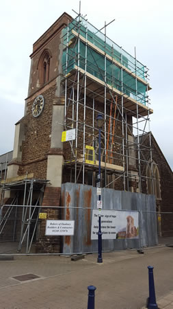 West face of St Michael's tower shrouded in scaffolding